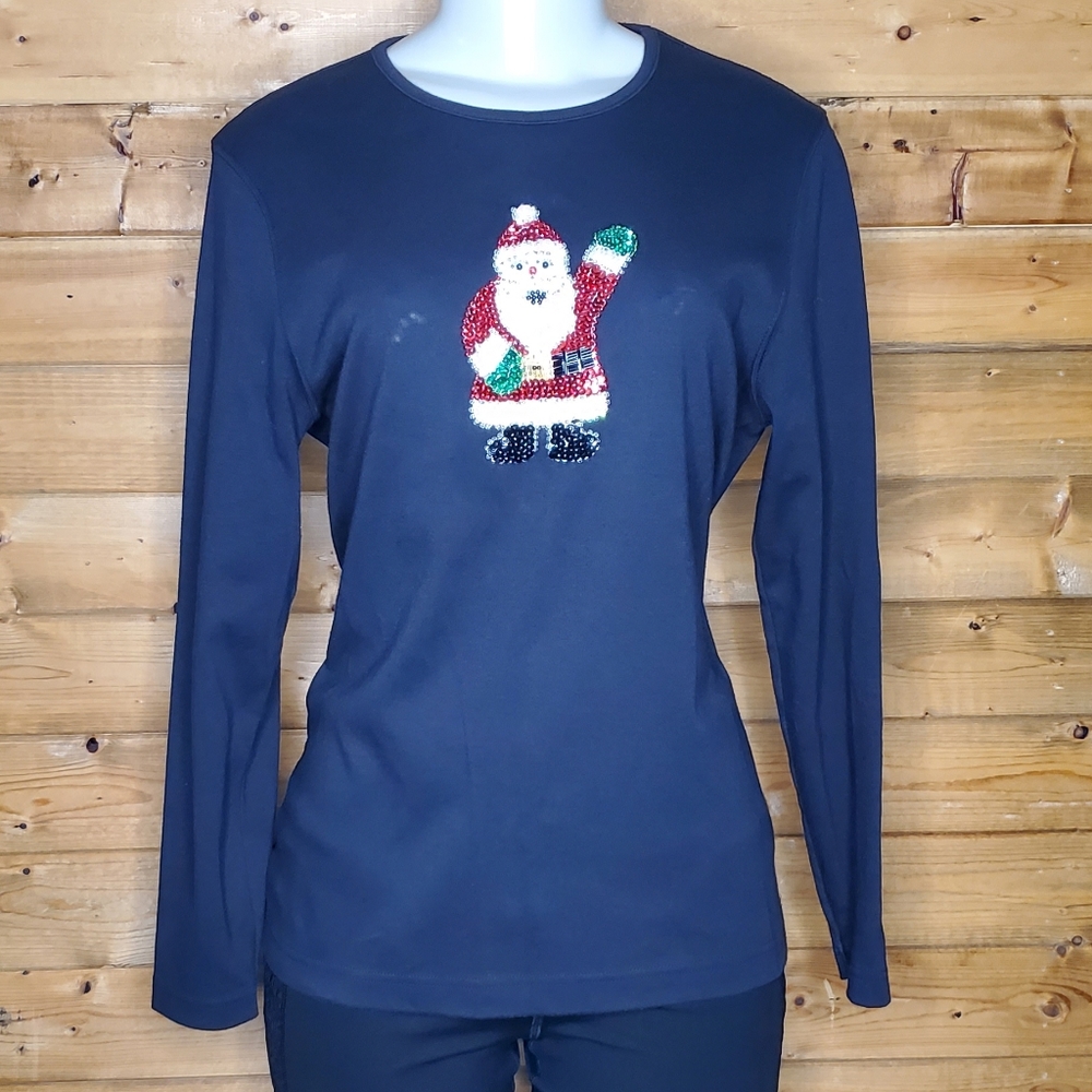❤️3/$15 Studio black long sleeve sequins Santa Clause Christmas shirt Si…